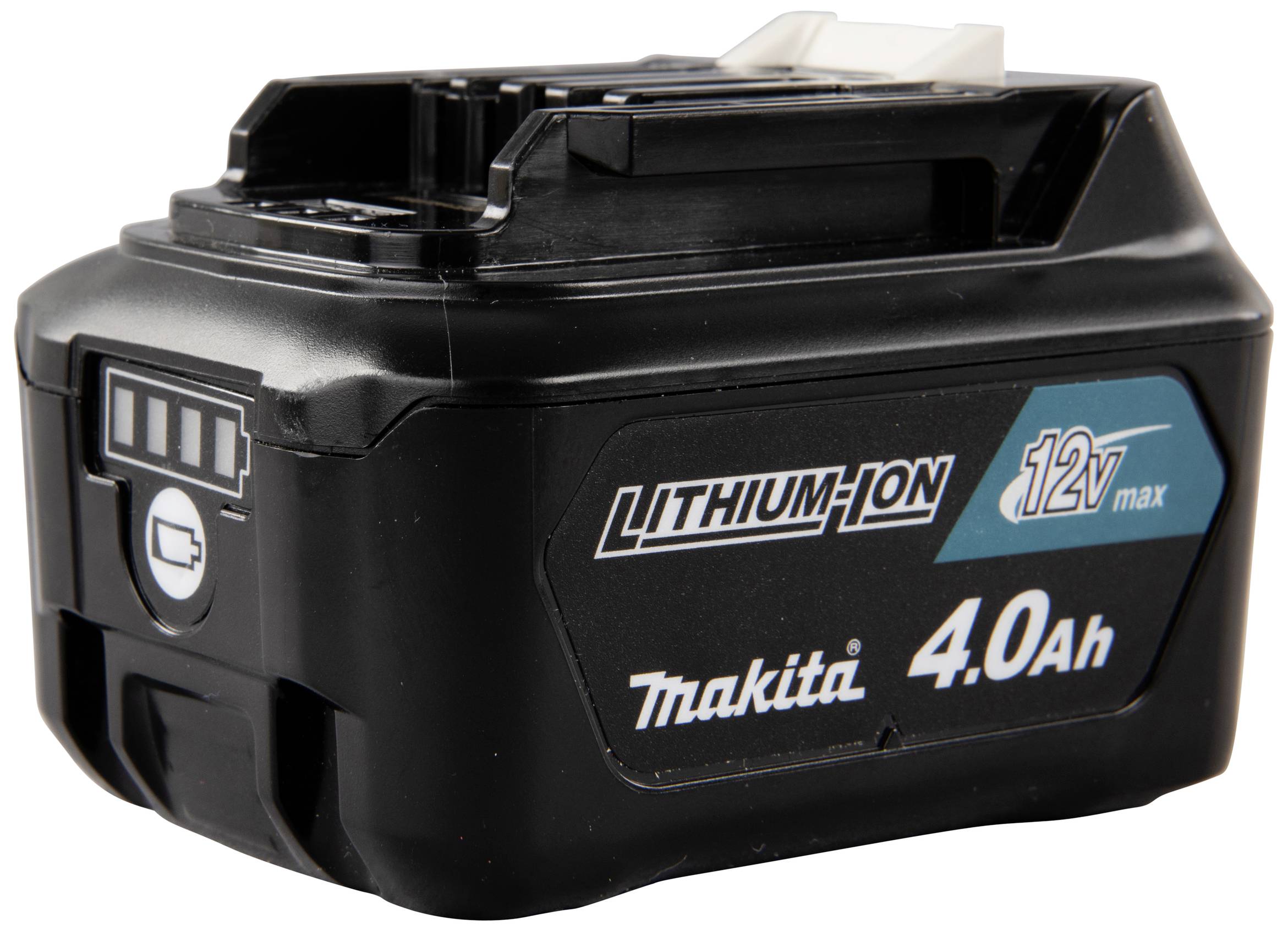 Lithium-Ionen-Akku mit 12V und 4,0Ah von Makita, zeigt Ladestandsanzeige und Markierung auf der Seite.