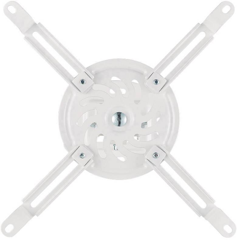 Ein weißer Projektorhalter mit vier verstellbaren Armen, die symmetrisch angeordnet sind, auf weißem Hintergrund.