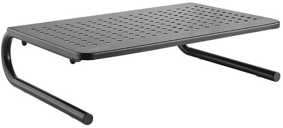 Ein schwarzer Metallständer mit perforierter Oberfläche, geeignet für die Erhöhung von Monitoren oder Laptops, um ergonomisches Arbeiten zu fördern.