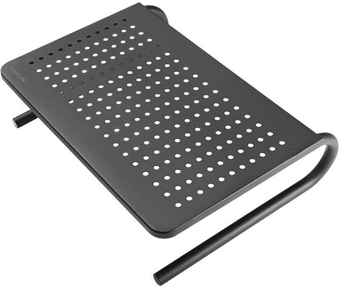Ein schwarzer, perforierter Laptopständer, der auf zwei gebogenen Beinen ruht. Erhöht die Position des Laptops für bessere Ergonomie.