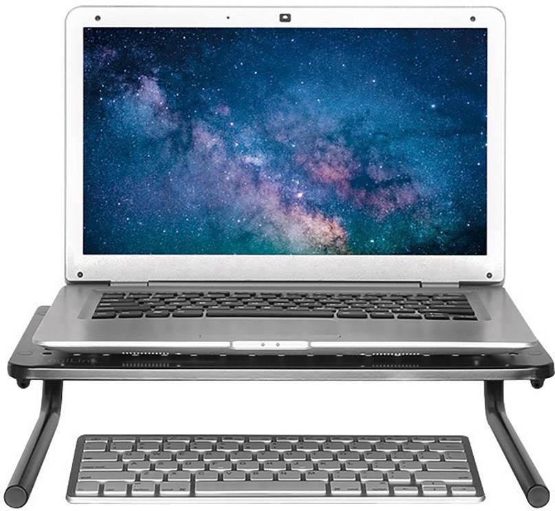 Ein Laptop mit einem Bild des Sternenhimmels auf dem Bildschirm steht auf einem Tisch. Darunter liegt eine Tastatur.