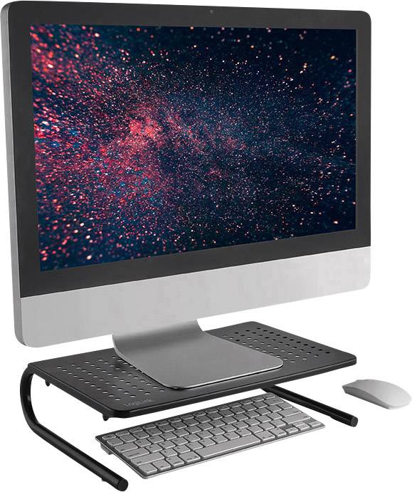 Ein Desktop-Computer auf einem schwarzen Monitorständer mit Tastatur und Maus. Der Bildschirm zeigt ein abstraktes, farbenfrohes Muster.