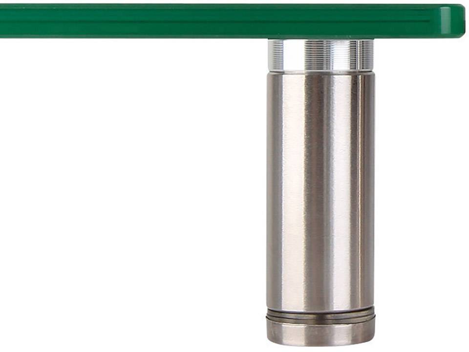 Nahaufnahme eines Metallzylinders, der eine grüne Glasplatte stützt. Die Struktur zeigt modernes Design in klaren Formen und Materialien.