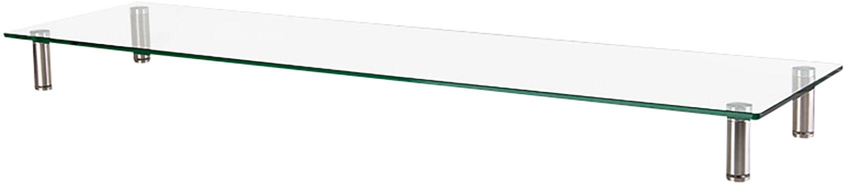 Glasregal mit vier silberfarbenen Metallfüßen, minimalistisch gestaltet.