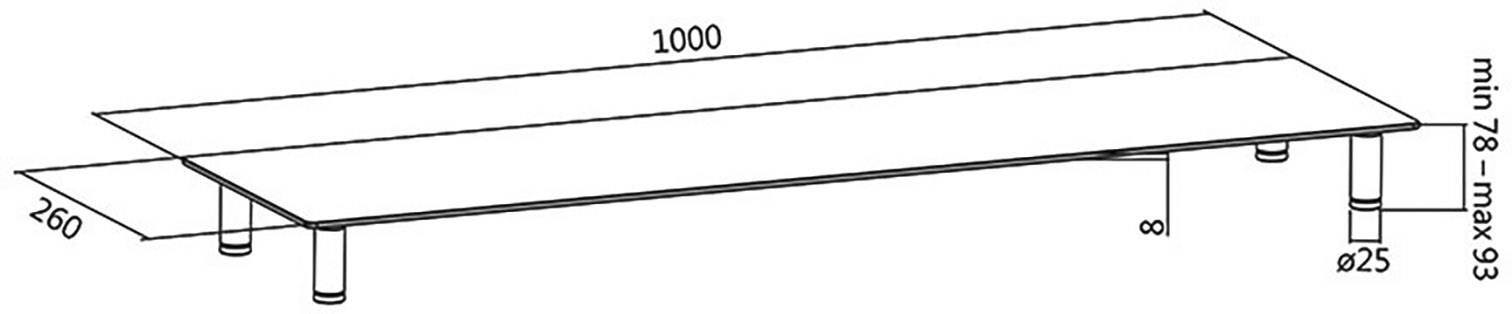 Skizze eines rechteckigen Tisches mit Maßen: 1000 mm Länge, 260 mm Breite. Tischhöhe variabel: mindestens 78 mm, maximal 93 mm.
