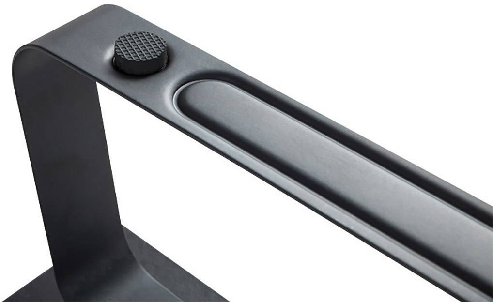 Nahaufnahme eines schwarzen Metallbügels mit strukturiertem Knopf oben, vermutlich Teil eines Möbelstücks oder Geräts.