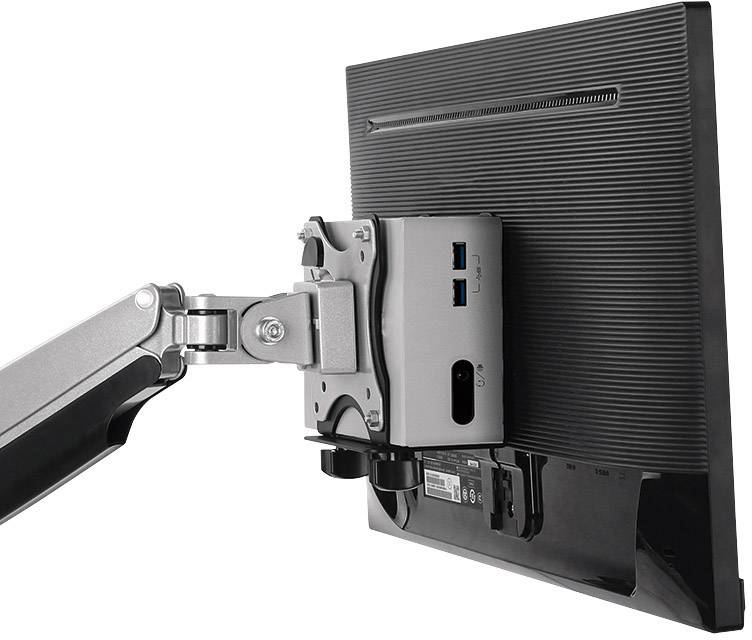 Ein Computer-Mini-PC ist auf der Rückseite eines Monitors montiert. Der Monitor wird von einem flexiblen Arm getragen.