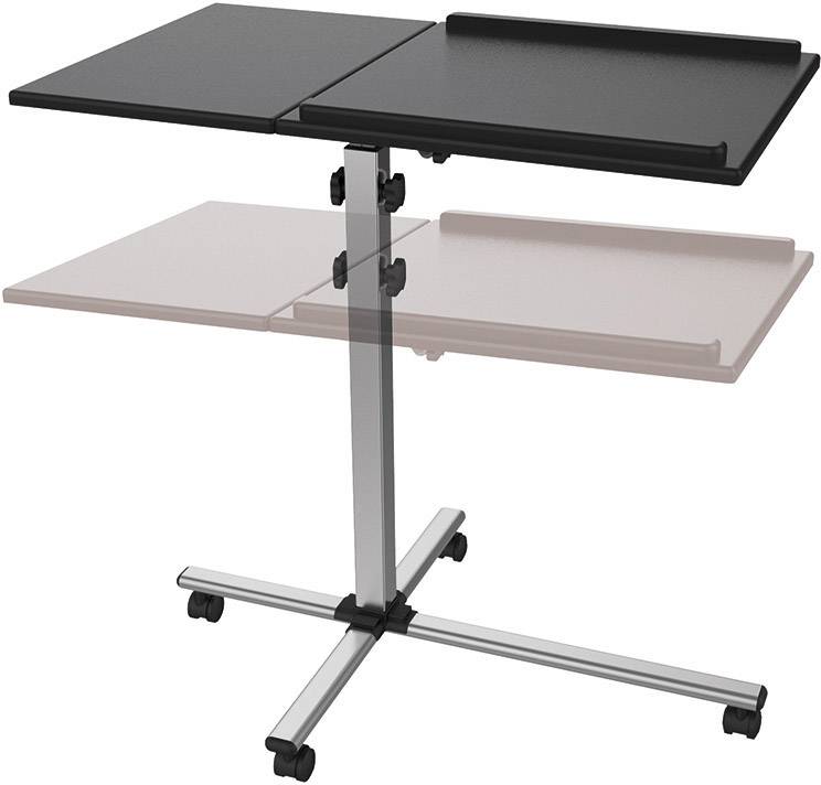 Höhenverstellbarer Tisch mit zwei Platten, eine schwarz und eine transparent, auf Rollen. Ideal für Präsentationen oder Arbeitsbereiche.