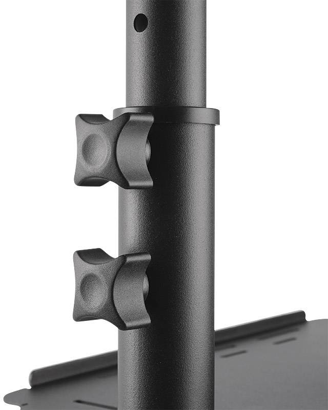 Eine schwarze Metallstange mit zwei sternförmigen Verstellknöpfen, wahrscheinlich Teil eines verstellbaren Ständers oder Halters.