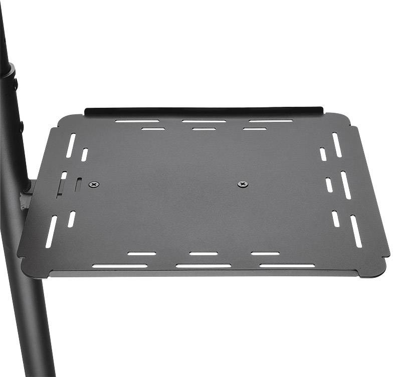 Eine schwarze, rechteckige Ablagefläche aus Metall, befestigt an einem Ständer, mit Schlitzen zur Belüftung oder Kabeldurchführung.