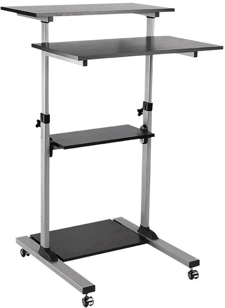 Höhenverstellbarer Stehpult mit schwarzem, dreistufigem Design und Rollen für Mobilität. Ideal für flexible Arbeitsumgebungen.