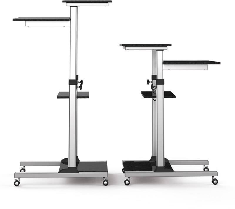 Zwei höhenverstellbare Rolltische aus Metall mit schwarzen Ablageflächen, geeignet für Präsentationen oder als mobile Arbeitstische.