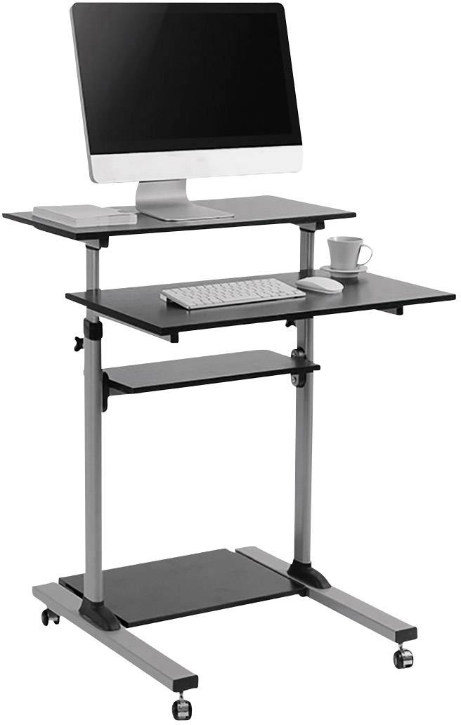Ein höhenverstellbarer Computertisch mit aufgesetztem Bildschirm, einer Tastatur und einer Tasse. Der Tisch steht auf Rollen.