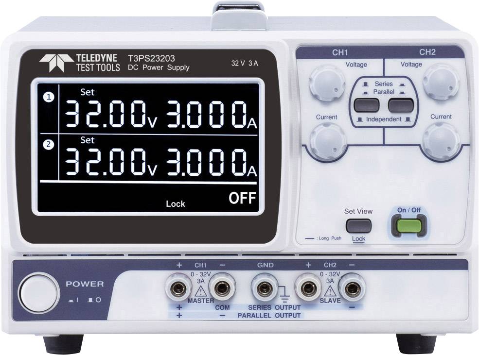 Ein DC-Netzteil mit Display zeigt 'Set 32.00V, 3.000A'. Es hat zwei Kanäle, Regler für Spannung und Stromstärke und einen Netzschalter.