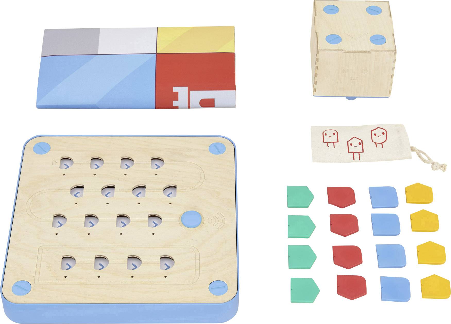 Holzspielset für Kinder: Ein Holzbrett mit Löchern, bunte Plastikformen, ein Holzblock mit blauen Punkten und ein Beutel mit Figuren.