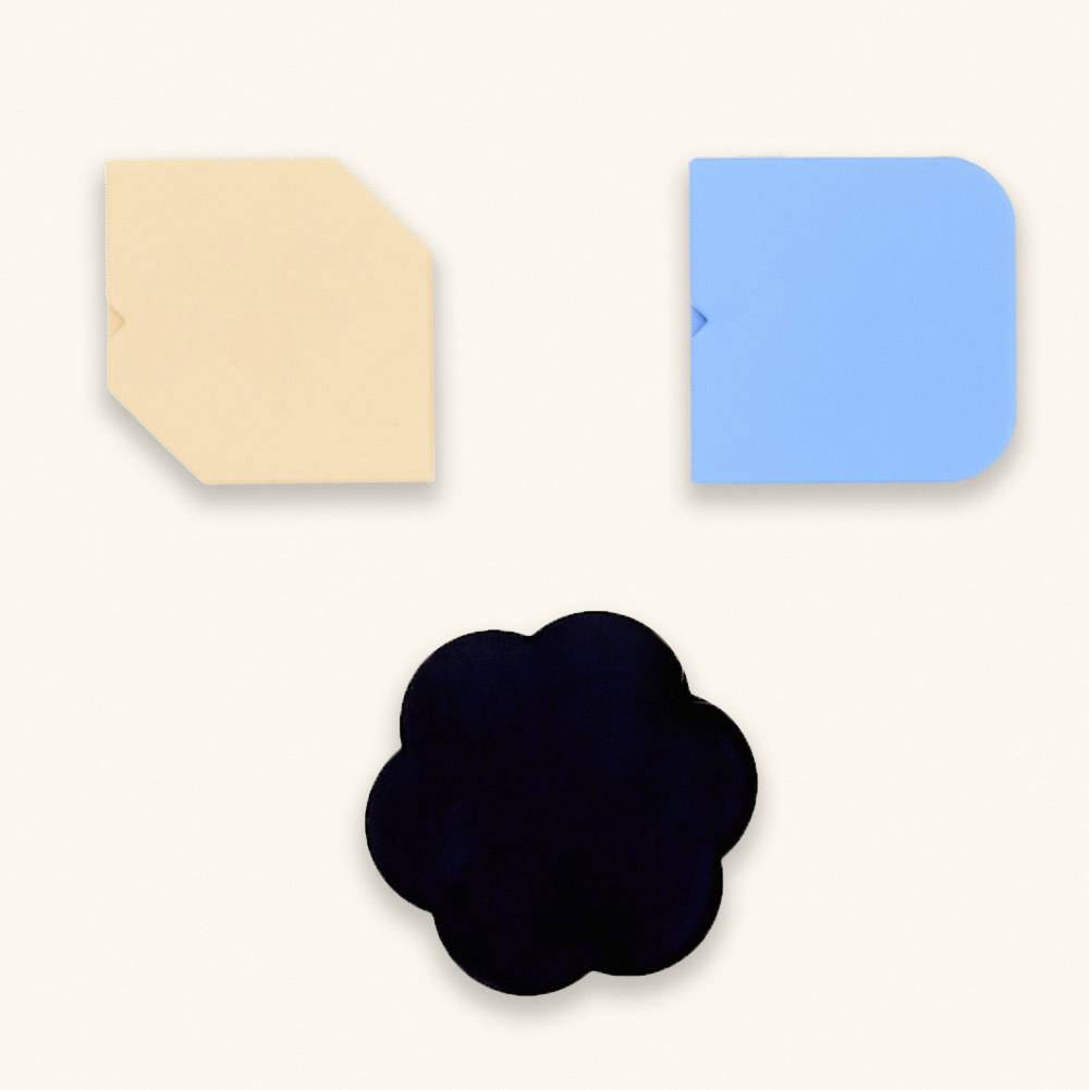 Drei geometrische Formen: ein beiges Quadrat, ein blaues abgerundetes Rechteck und eine schwarze Blume in der Mitte auf beigem Hintergrund.