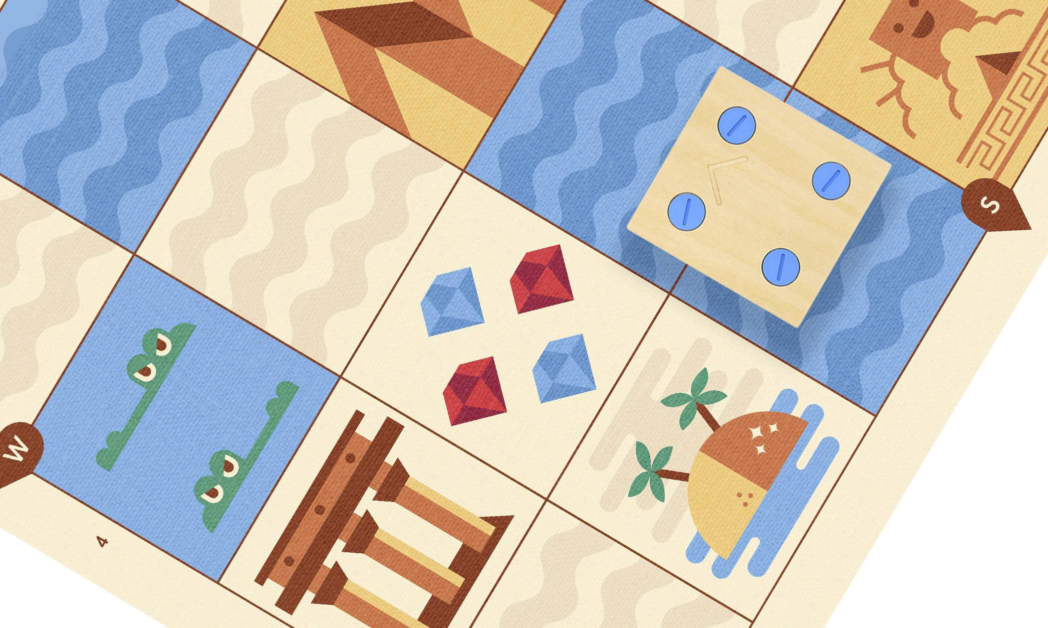 Ein Kartenspiel mit Symbolen: drei rote Edelsteine, ein Tempel, Palmen auf Insel, ein Holzwürfel, Richtungshinweise in Ecken.