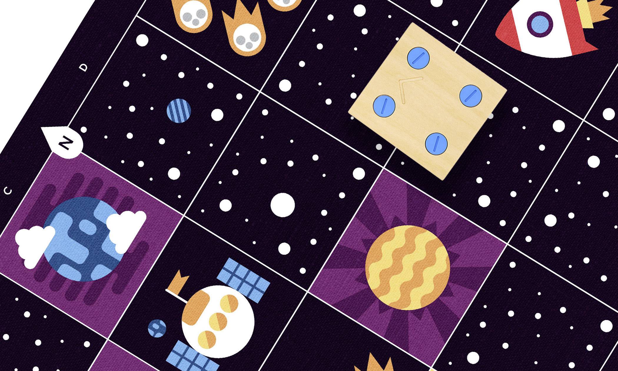 Illustration eines Weltraumspielbretts mit Karten und Symbolen wie Raketen, Planeten und Astronautenhelmen in einem Rastermuster.
