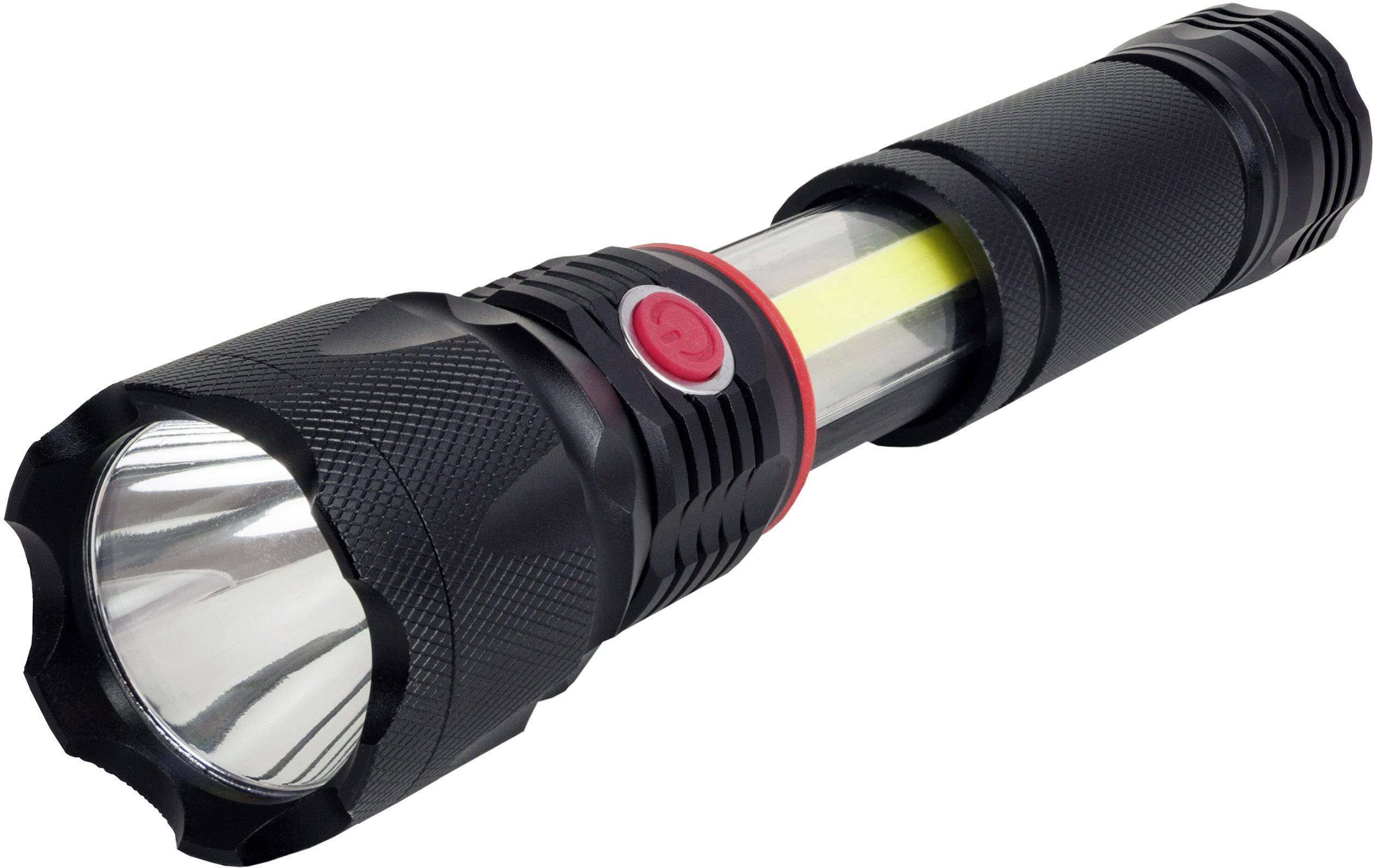 Schwarze Taschenlampe mit rotem Schalter und hellen LEDs, geeignet für den Innen- und Außengebrauch.