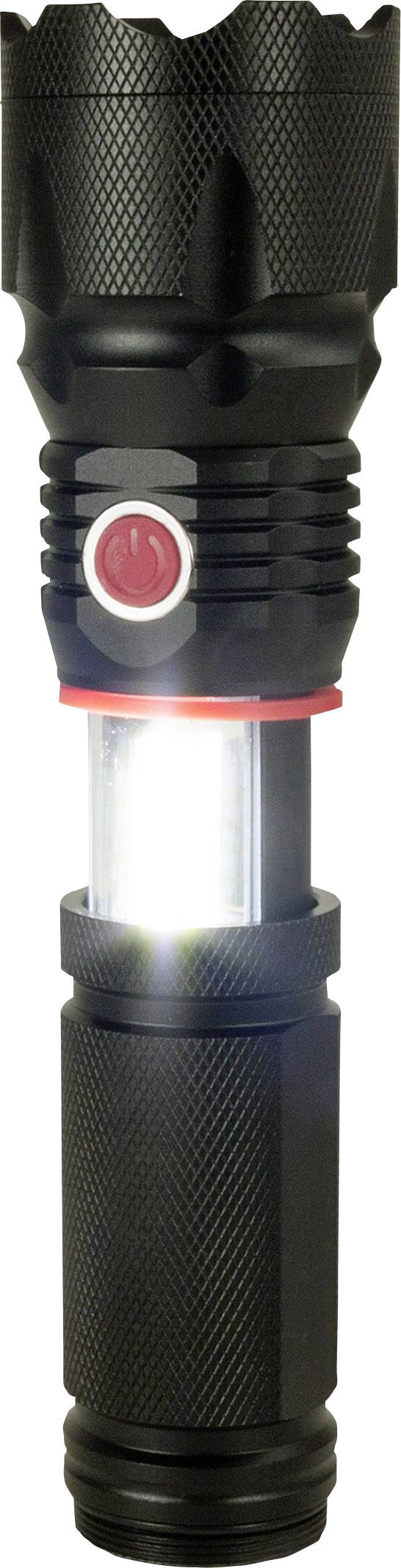 Schwarze Taschenlampe mit rotem Knopf, leuchtet hell in der Mitte.