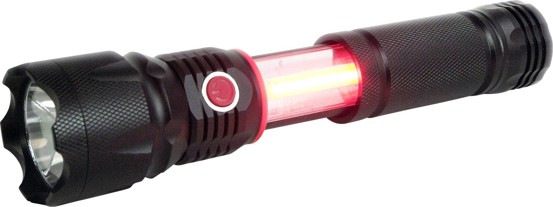 Schwarze Taschenlampe mit rotem Leuchtmittel in der Mitte, robustes Design, geeignet für Outdoor-Aktivitäten.