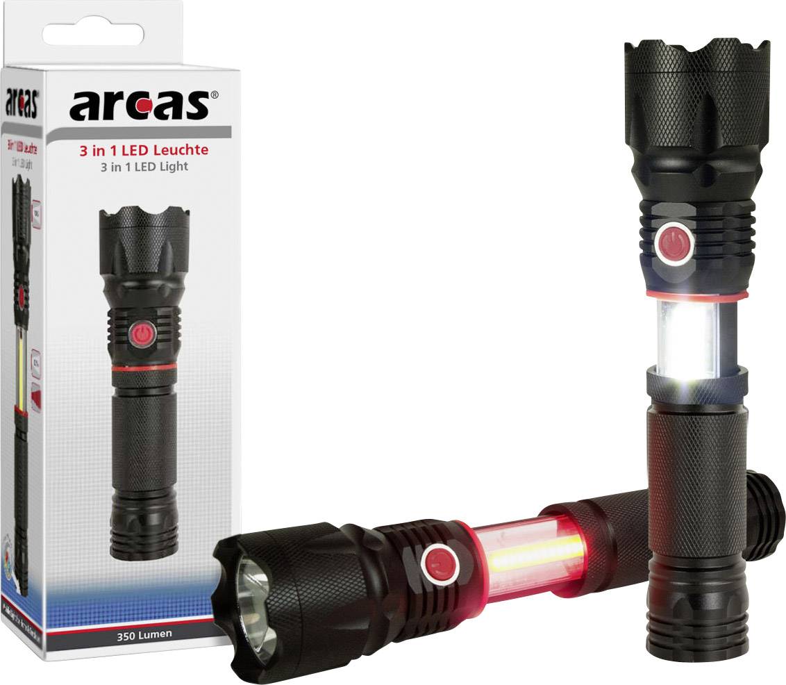 Schwarze Taschenlampe mit rotem Knopf, zeigt drei Lichtmodi: weiß, rot und blinkend. Verpackung mit Produktbild und Text '3 in 1 LED Leuchte'.