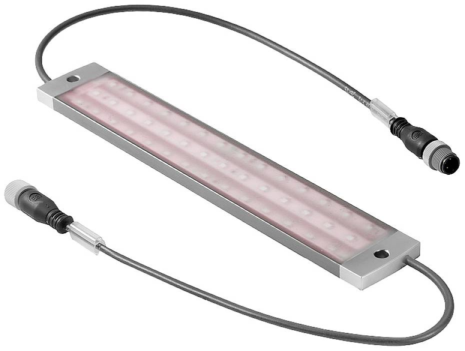 Rechteckige LED-Leuchte mit zwei Anschlusskabeln, zur Beleuchtung von Maschinenteilen oder Arbeitsflächen in industriellen Umgebungen.