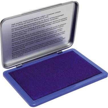 Blaues Stempelkissen in einem geöffneten Metallgehäuse, bereit für den Gebrauch mit Stempeln.