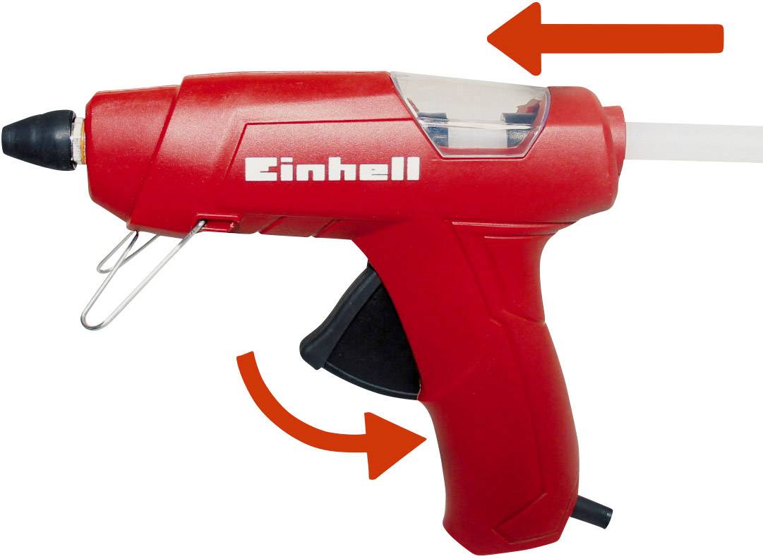 Rote Heißklebepistole mit ergonomischem Griff und Pfeilen, die den Klebevorgang und den Auslösermechanismus anzeigen.