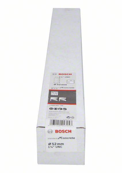 Eine weiße Box mit Bosch-Logo, enthält einen Betonbohrer. Aufschrift: „52 mm“ und „1 1/4