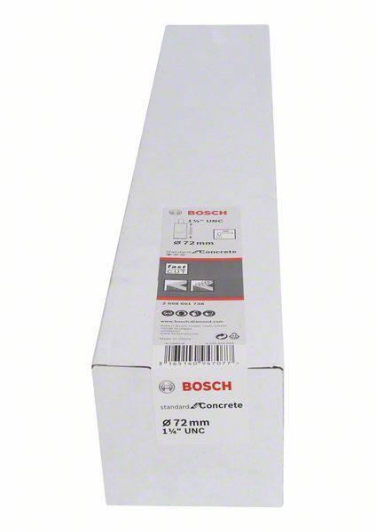 Eine weiße Produktverpackung von Bosch für einen Betonbohrer mit 72 mm Durchmesser, 1 1/4'' UNC-Gewinde. Enthält technische Symbole.