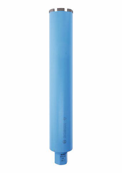 Blaue, zylindrische Bohrkrone, verwendet für Kernbohrungen in Beton oder Mauerwerk. Oben sichtbare Schnittkante mit Zähnen.
