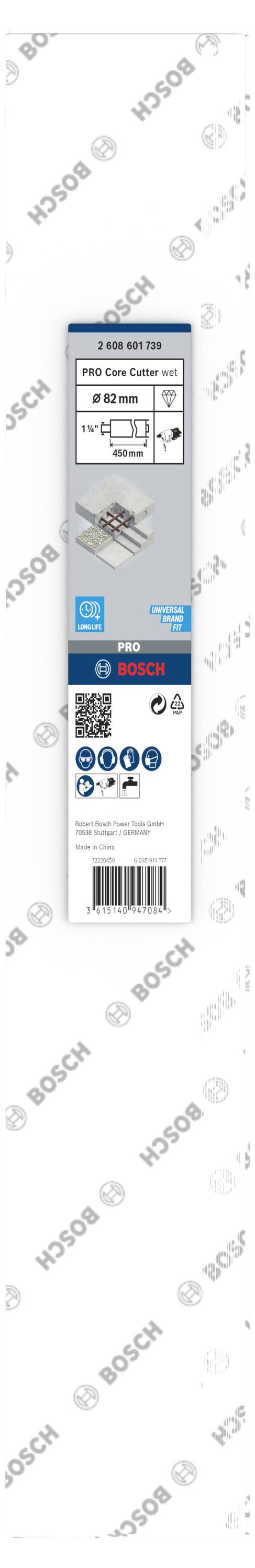 Verpackung von Bosch-Schlagbohrkronen: Abgebildet sind Details zur Spezifikation, Anwendung und Kompatibilität. Enthält Barcode.
