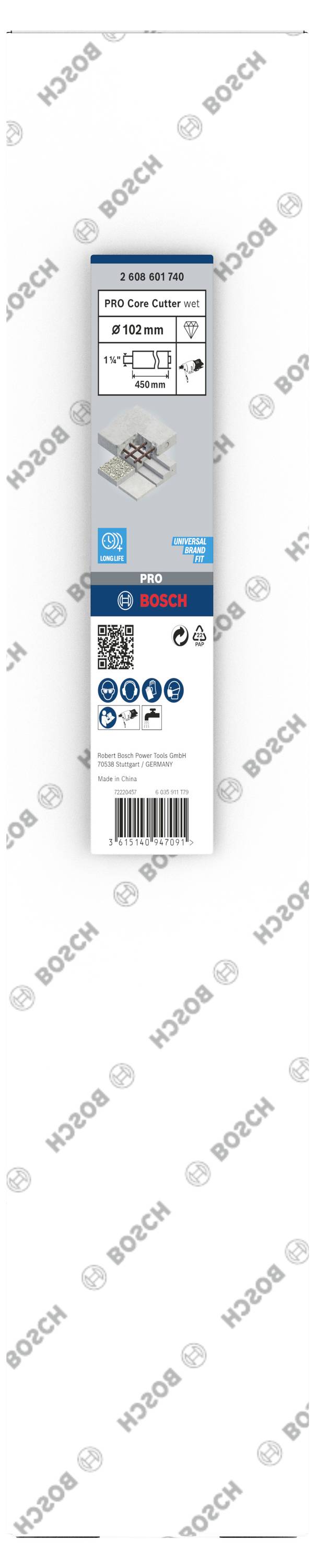 Verpackungsetikett für Bosch Karcher Adapter; zeigt Produktinformation, Kompatibilität und QR-Code für weitere Details.
