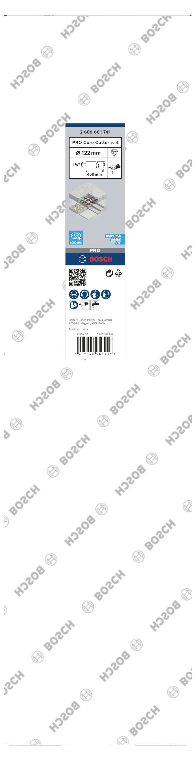 Verpackung einer Bosch Schleifscheibe. Enthält Produktinformationen wie Größe und Typ. Markenlogo und Symbole für Anwendungen sichtbar.