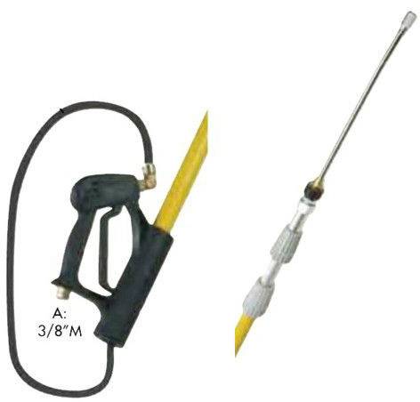 Sprühgerät mit Auslöser und langem, schlanken Sprühstab. Text 'A: 3/8