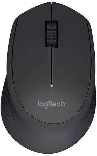 Schwarze Logitech-Maus mit scrollbarem Rad und grünem Licht auf der Oberseite, geeignet für drahtlose Computersteuerung.