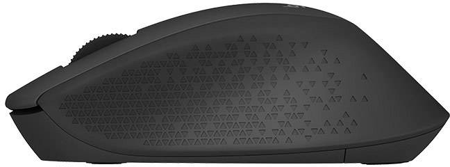 Eine schwarze kabellose Computermaus mit ergonomischem Design und strukturierter Seitenfläche, geeignet für komfortables Arbeiten.