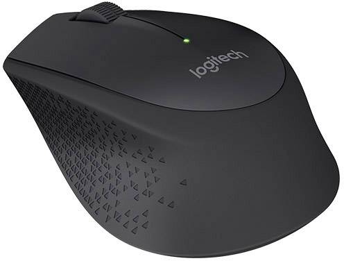 Drahtlose schwarze Computermaus von Logitech mit strukturierten Seiten und einem Scrollrad.