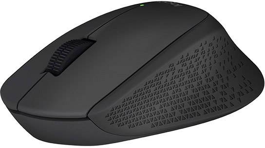 Schwarze drahtlose Computermaus mit ergonomischem Design und geripptem Griff. Geeignet für komfortable Navigation am Computer.