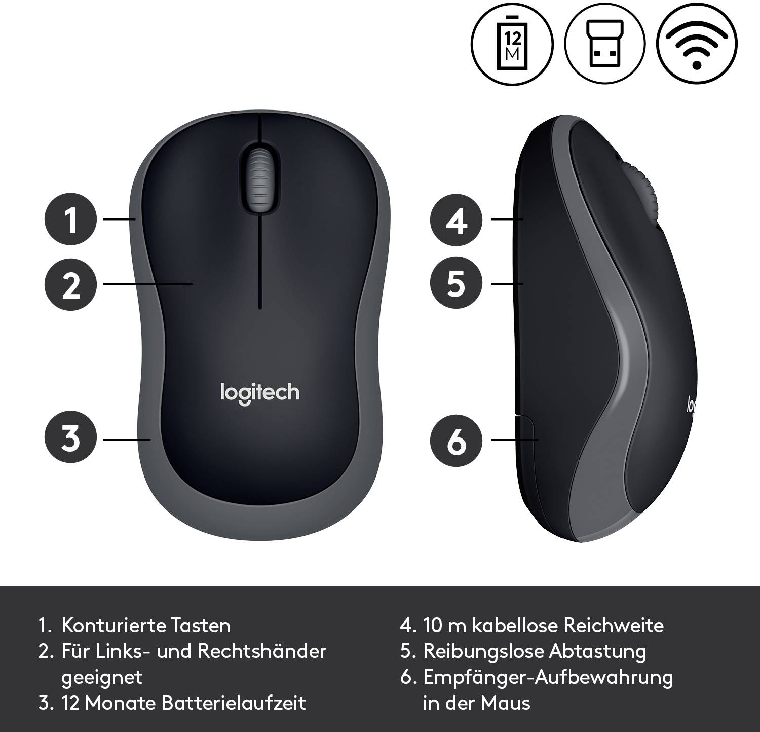 Logitech M185 Maus Funk Optisch Grau 3 Tasten 1000 dpi