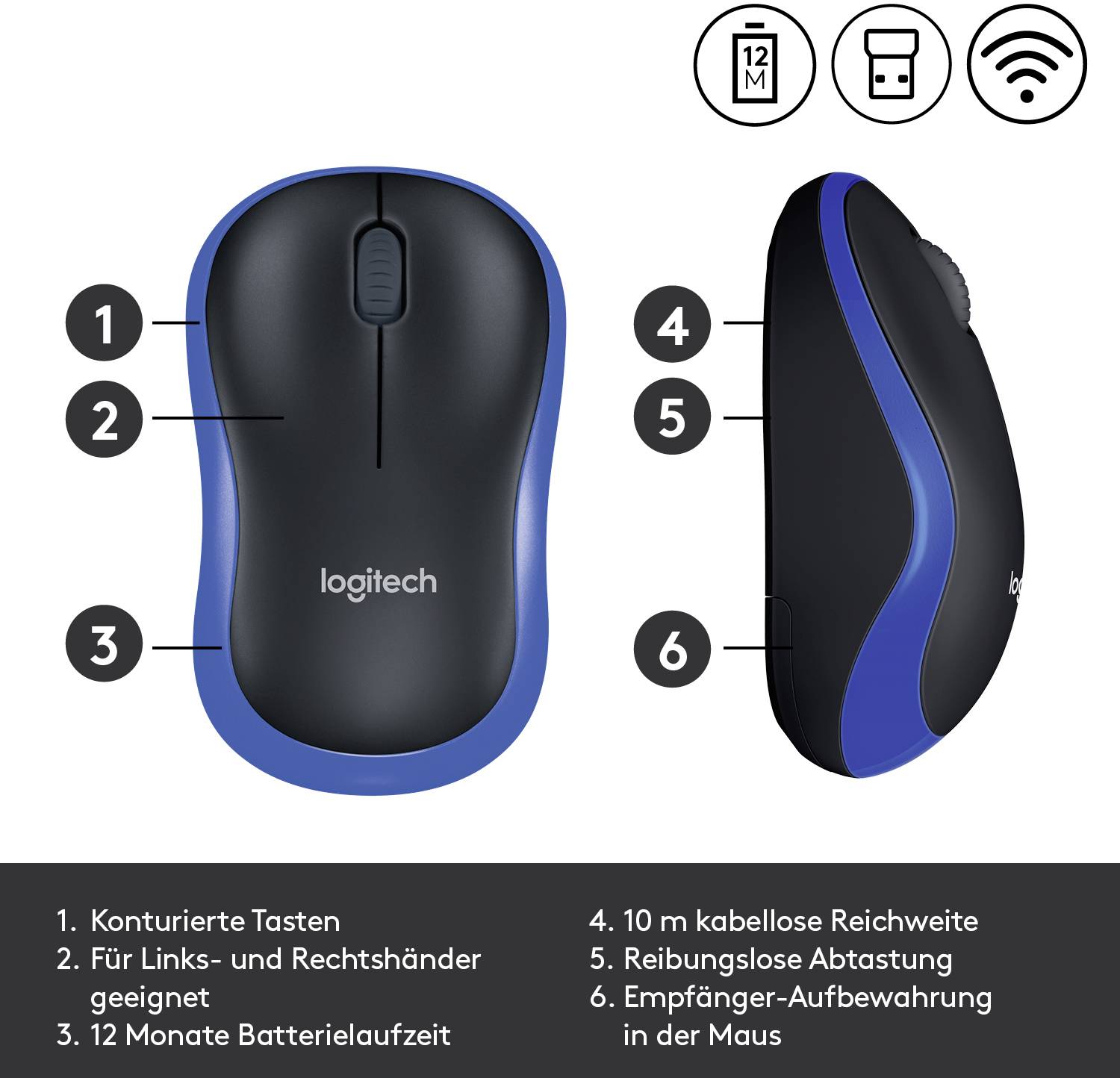 Kabellose Logitech-Maus in Blau und Schwarz. Funktionen sind konturierte Tasten, beidhändige Nutzung, 12 Monate Batterielaufzeit.