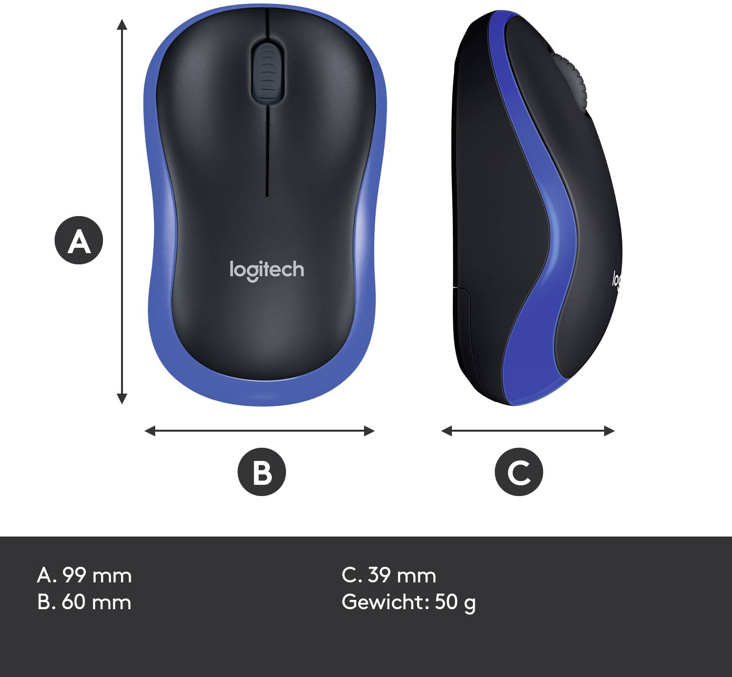 Logitech Maus in Schwarz-Blau, Vorder-, Seiten- und Draufsicht. Maße: A. 99 mm, B. 60 mm, C. 39 mm, Gewicht: 50 g.