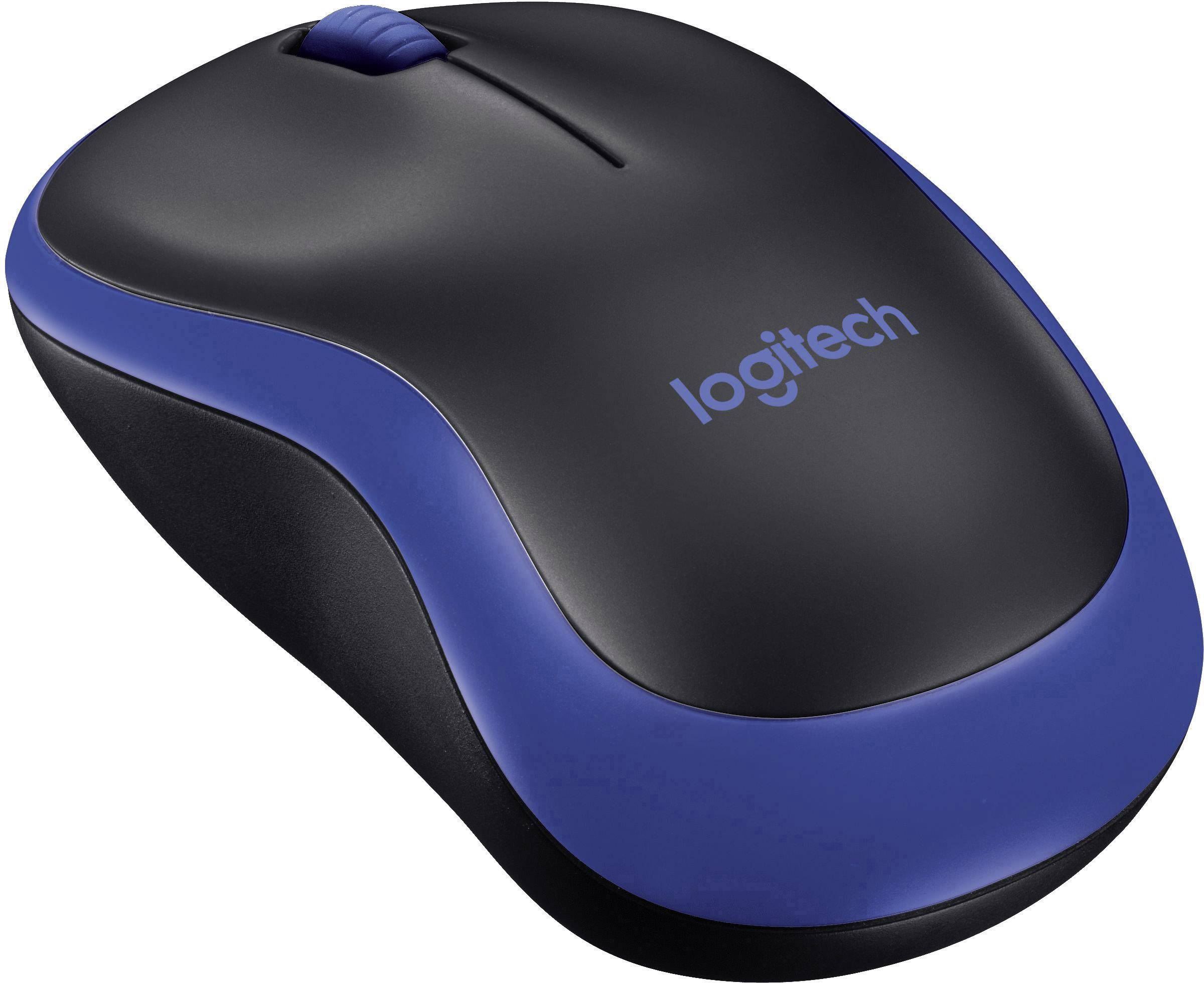Kabellose Logitech-Maus in Schwarz und Blau mit Scrollrad oben.