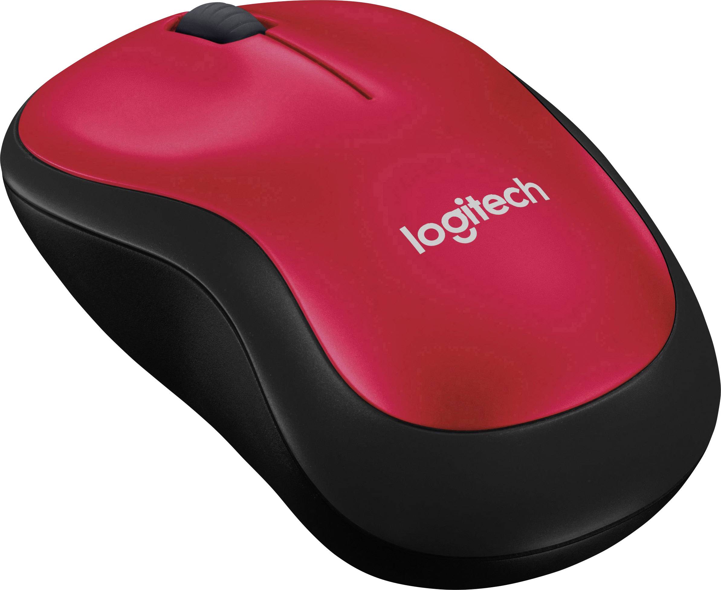 Eine rote Computermaus mit schwarzem Rand und dem Logo 'Logitech' darauf.