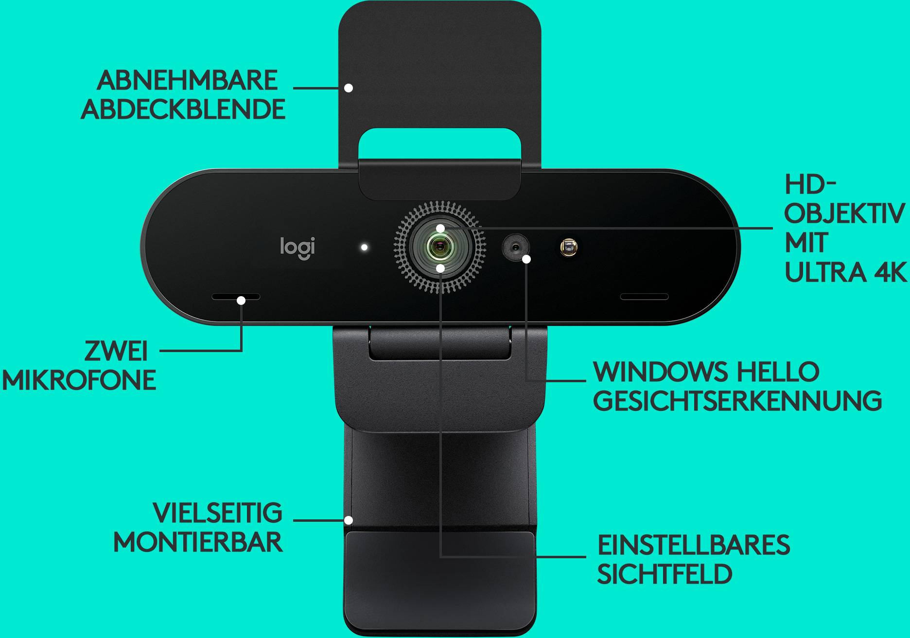 Logitech Brio 4K Stream Edition 4K-Webcam 3840 x 2160 Pixel, 1920 x 1080 Pixel, 1280 x 720 Pixel Klemm-Halterung, für Windows Hello