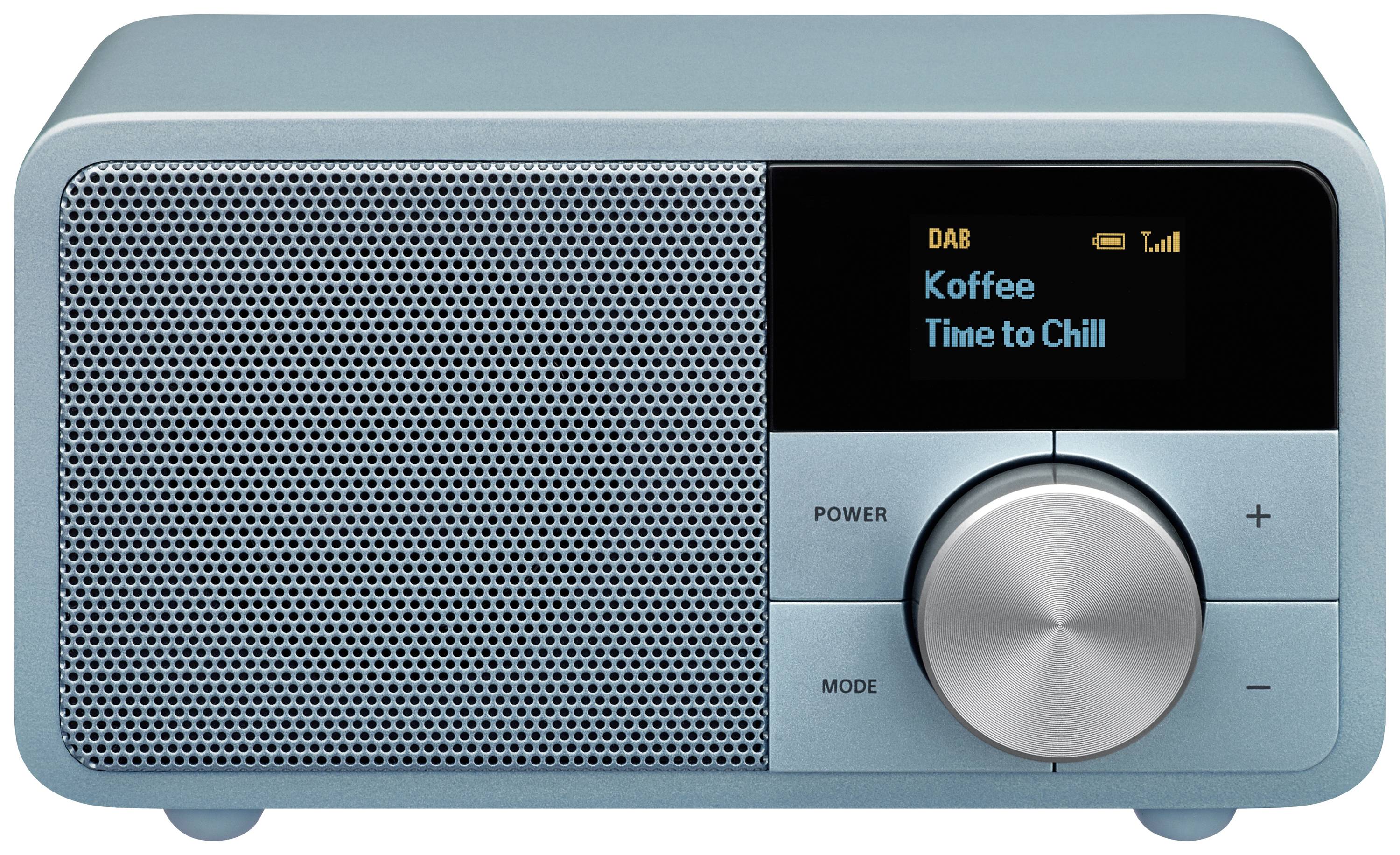 Ein stilvolles, blaues DAB-Radio zeigt auf dem Display: 'Koffee - Time to Chill'. Es hat einen großen Lautstärkeregler und Tasten für Power und Mode.