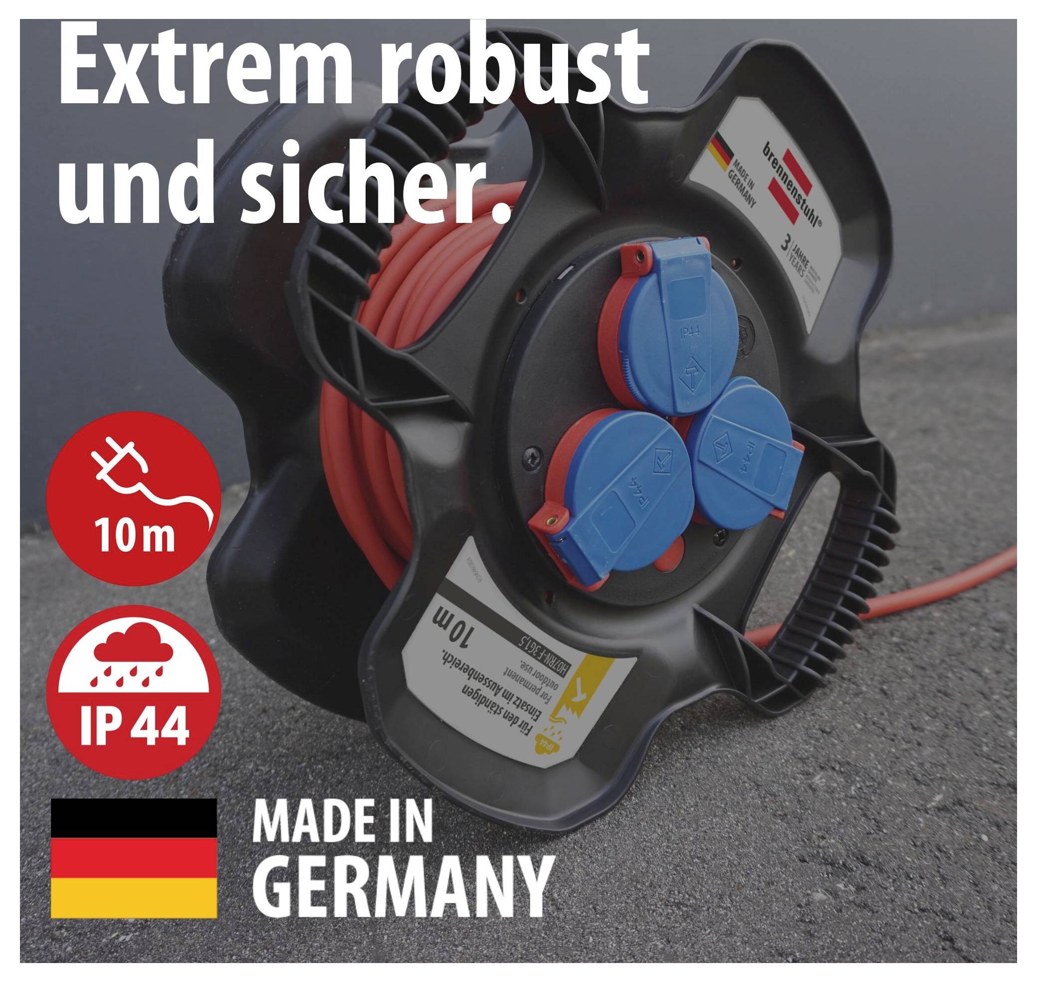 Robuste Kabeltrommel mit 10 m Kabel, IP44 und 'Made in Germany'; Text im Bild: 'Extrem robust und sicher.'