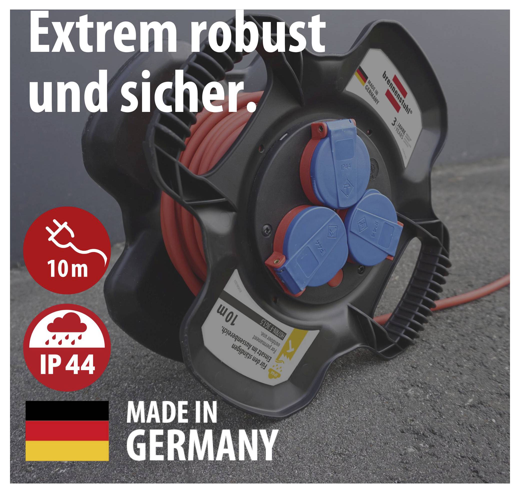 Robuster Kabeltrommel-Steckdosenverteiler mit 10 m Kabel, IP44 und 'Made in Germany'; Text: 'Extrem robust und sicher.'