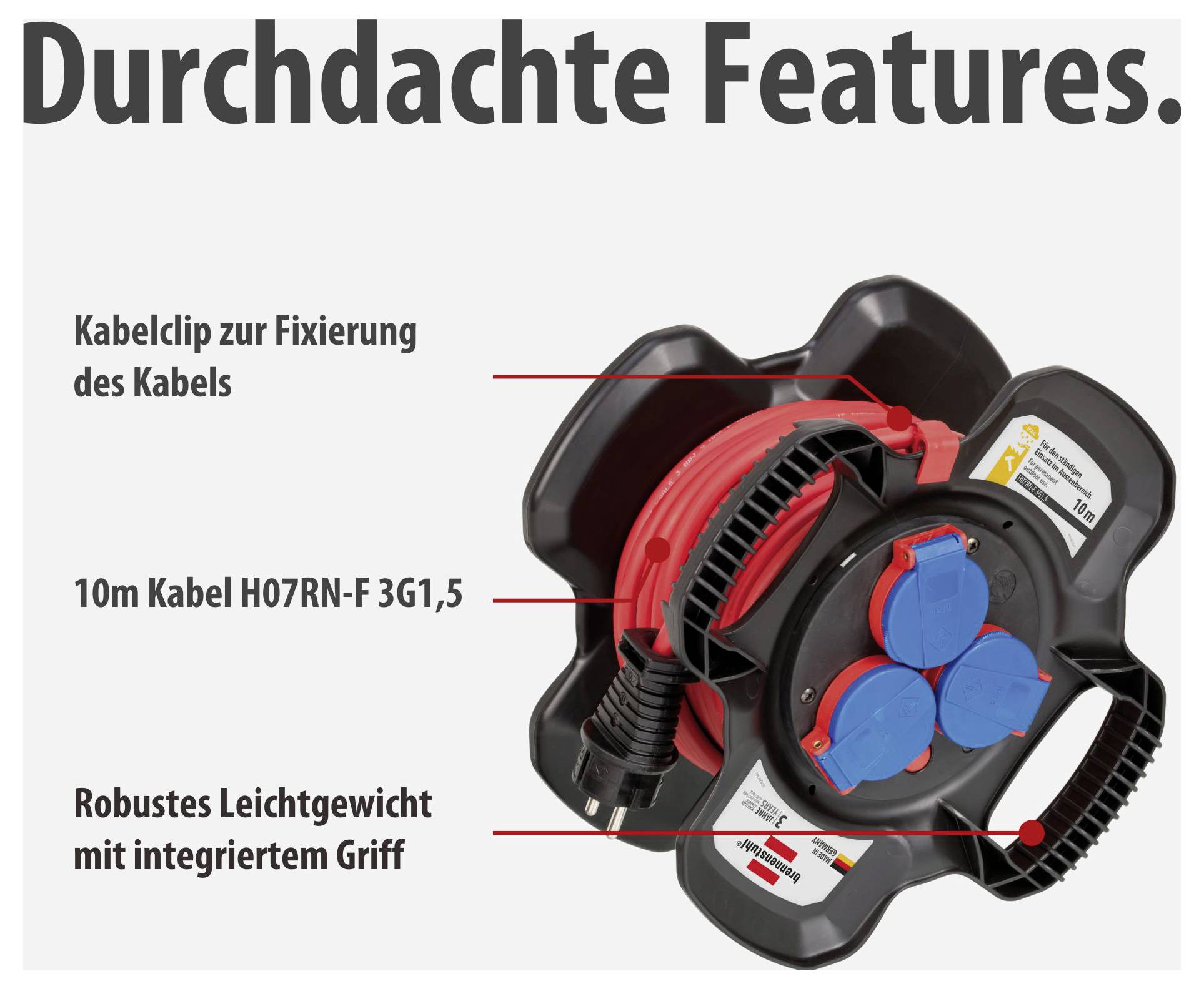 Kabelfeuerung mit 10 m Kabel H07RN-F 3G1,5 und integriertem Griff; Produktwerbung mit hervorgehobenen Features und Kabelclip zur Fixierung.